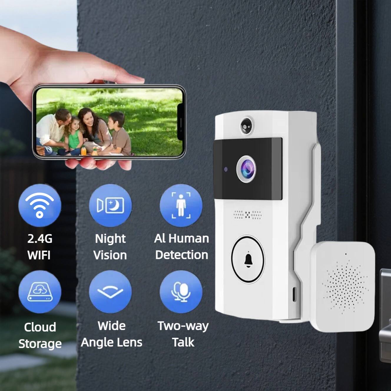 2.4G WIFI  
Night Vision  
AI Human Detection  
Cloud Storage  
Wide Angle Lens  
Two-way Talk