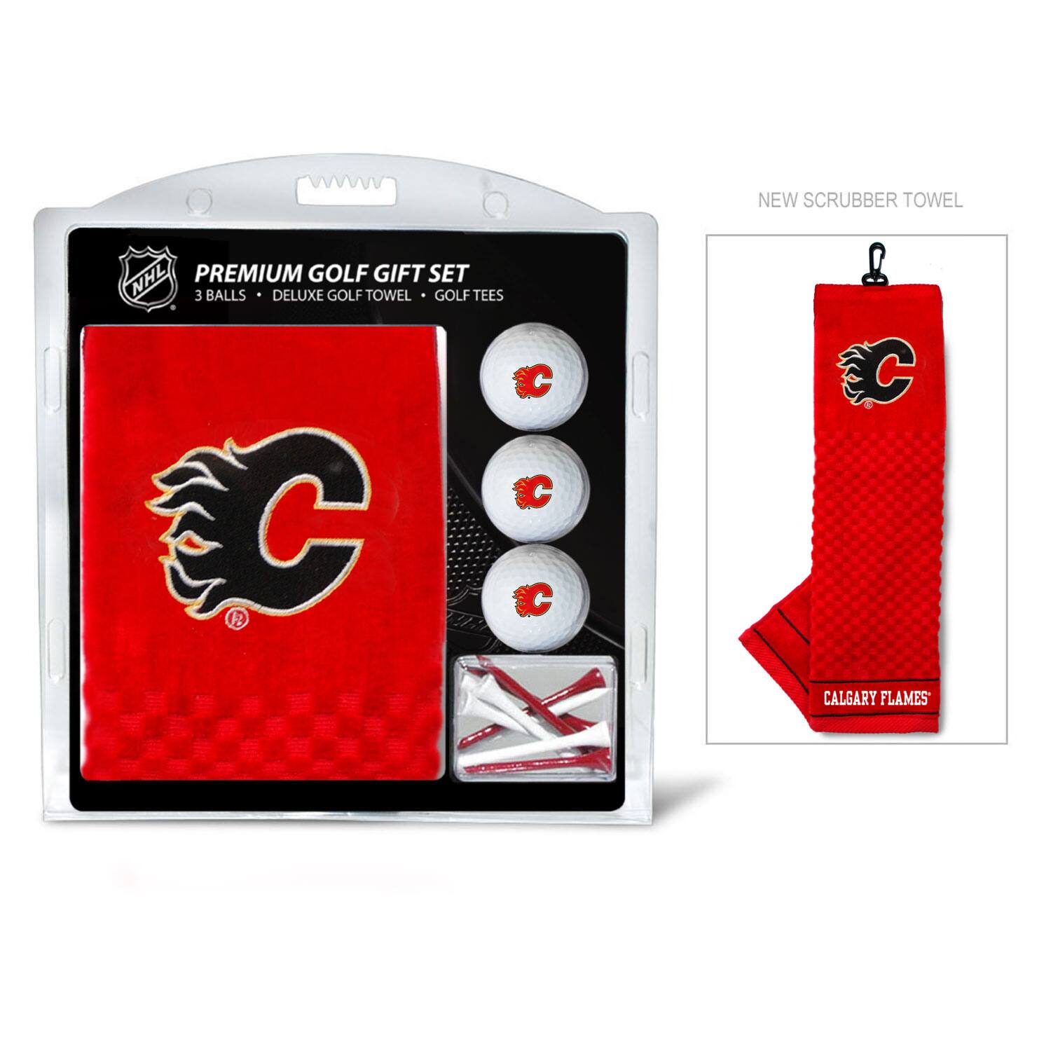 NEW SCRUBBER TOWEL  
NHL PREMIUM GOLF GIFT SET  
3 BALLS • DELUXE GOLF TOWEL • GOLF TEES  
CALGARY FLAMES
