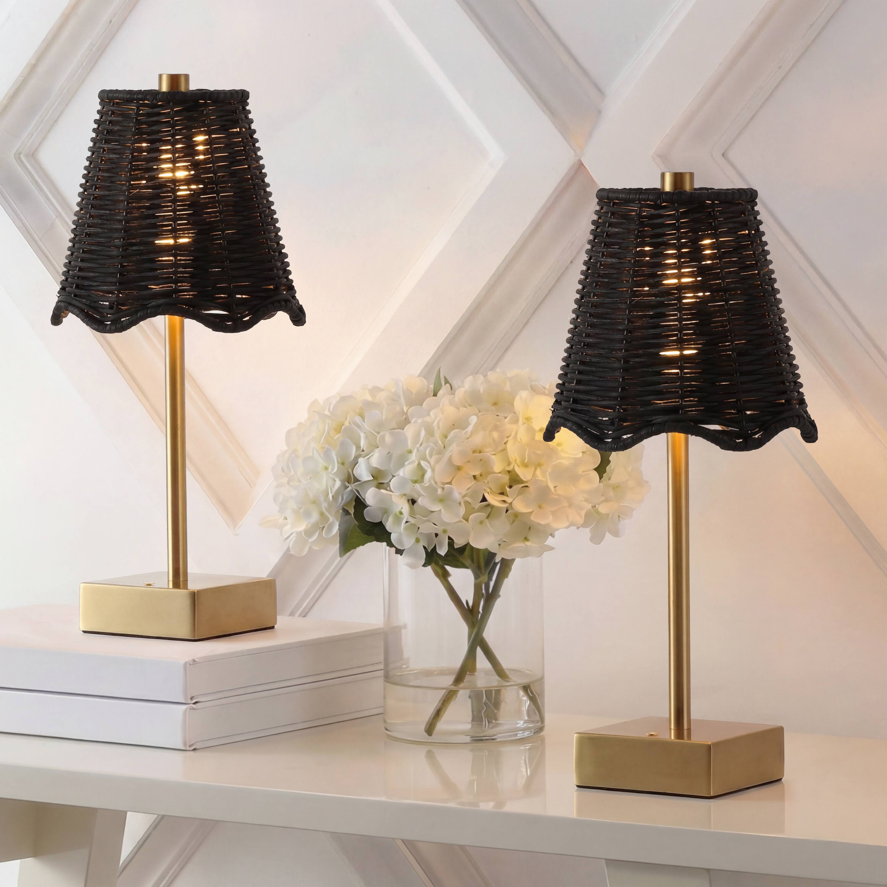 Alt View 1. Jonathan Y - Willow 11" Coastal Bohemian Cordless Rechargeable Table Lamp Set of 2, Brass Gold with Black Rattan Shade, Touch Dimmer - Brass Gold.