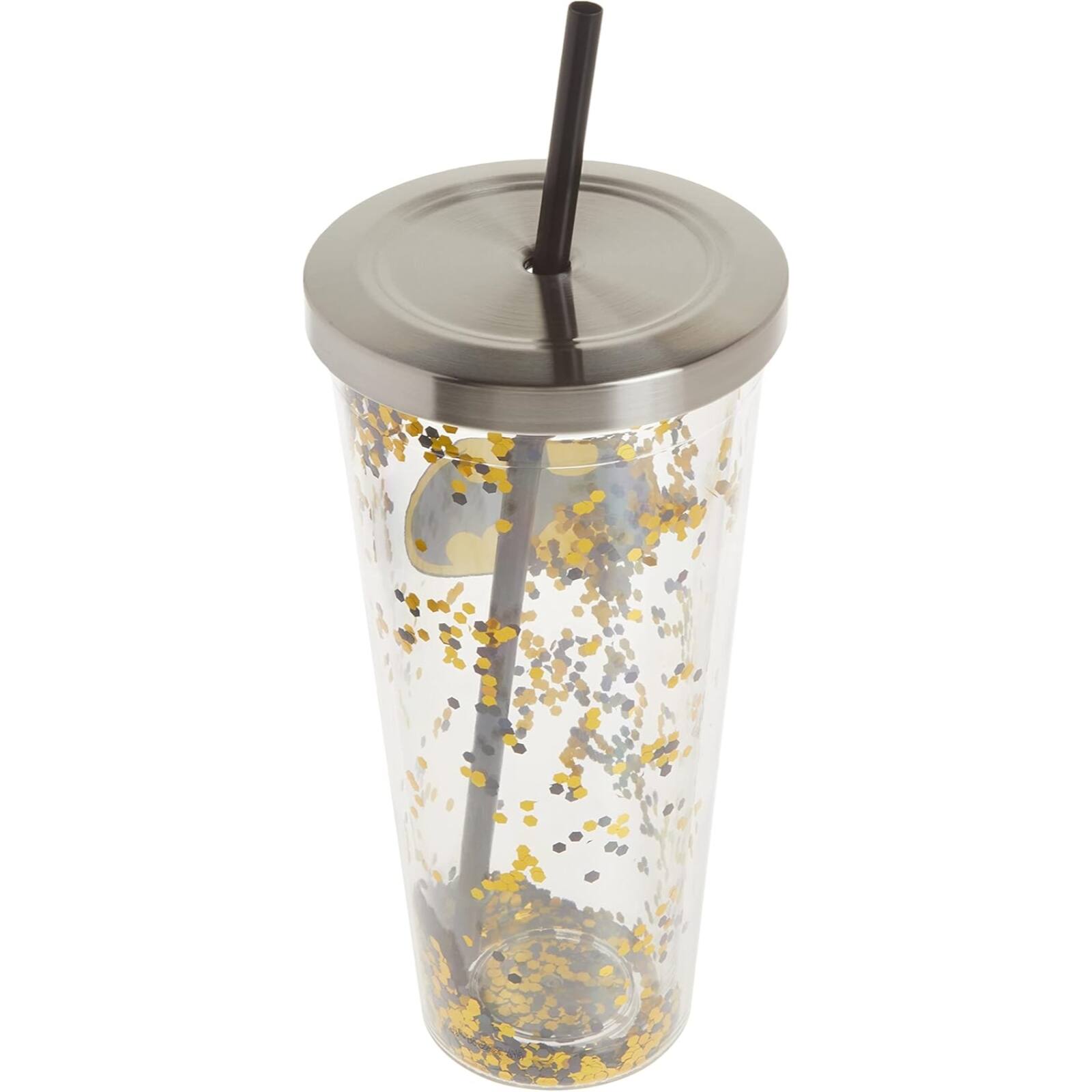 Angle. Spoontiques - Spoontiques DC Comics Batman Logo Double Walled Insulated Acrylic Tumbler Glitter Cup with Straw 20 ounce - Multicolor.