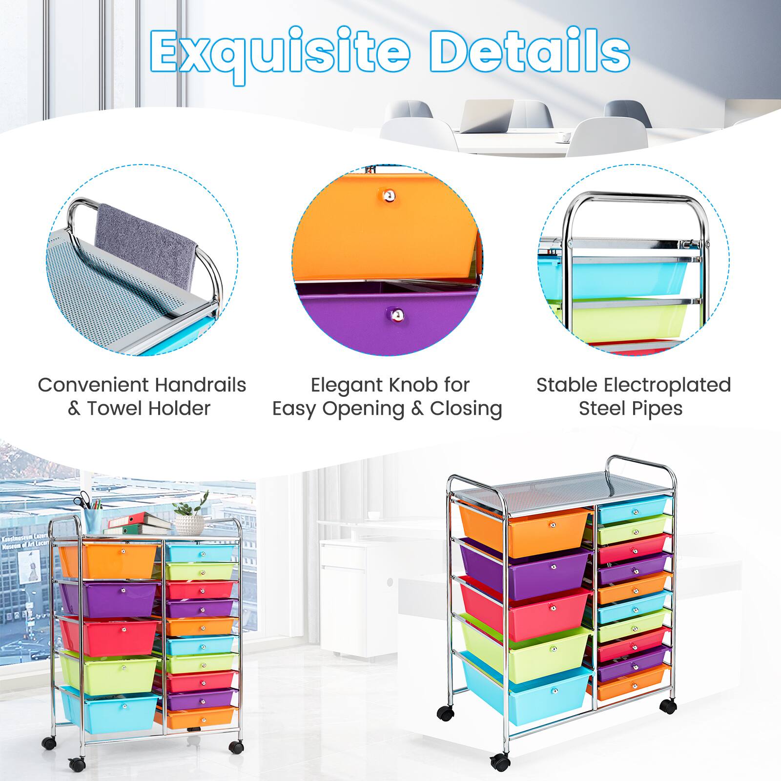 Exquisite Details

Convenient Handrails & Towel Holder

Elegant Knob for Easy Opening & Closing

Stable Electroplated Steel Pipes