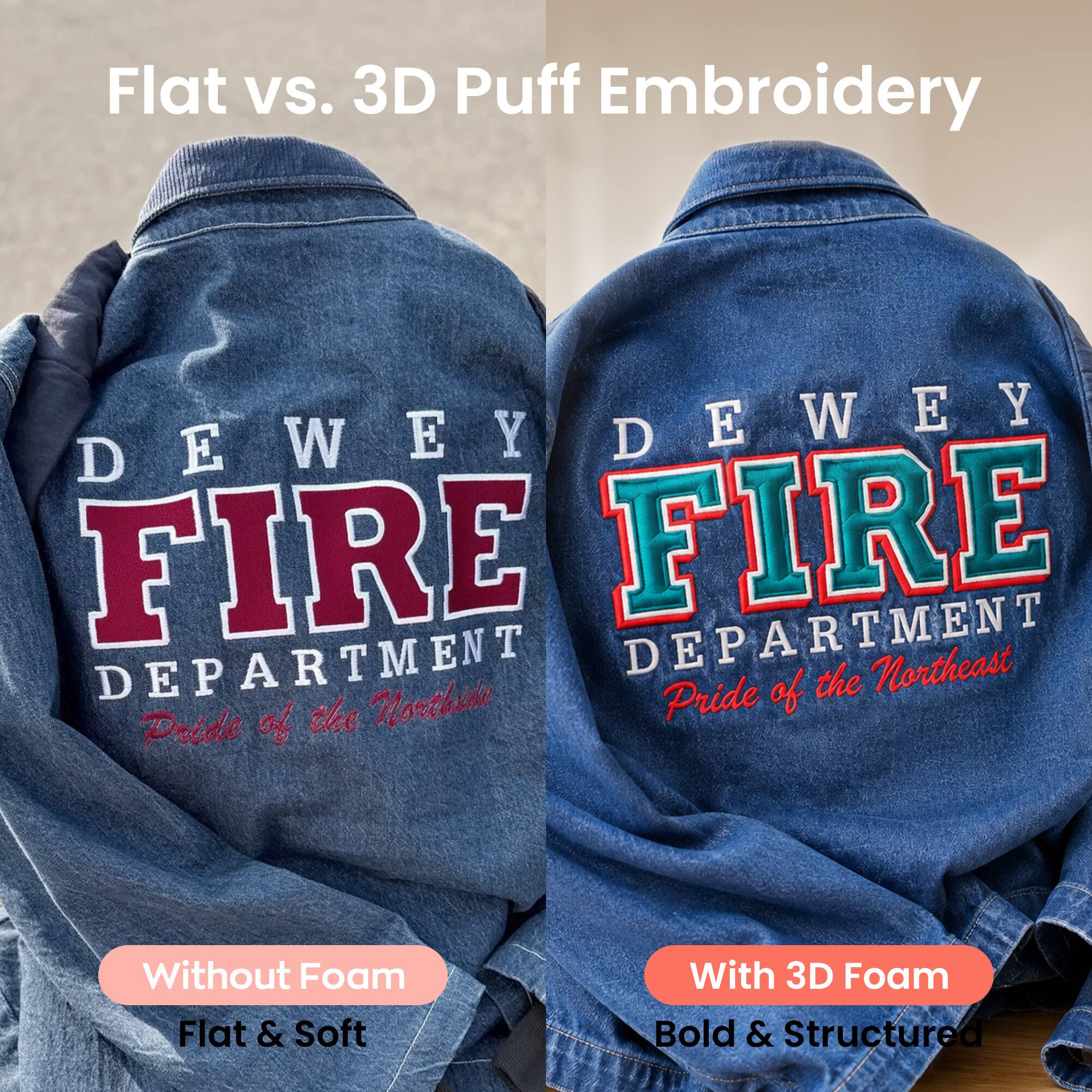 Flat vs. 3D Puff Embroidery

DEWEY FIRE DEPARTMENT
Pride of the Northeast

Without Foam
Flat & Soft

With 3D Foam
Bold & Structured