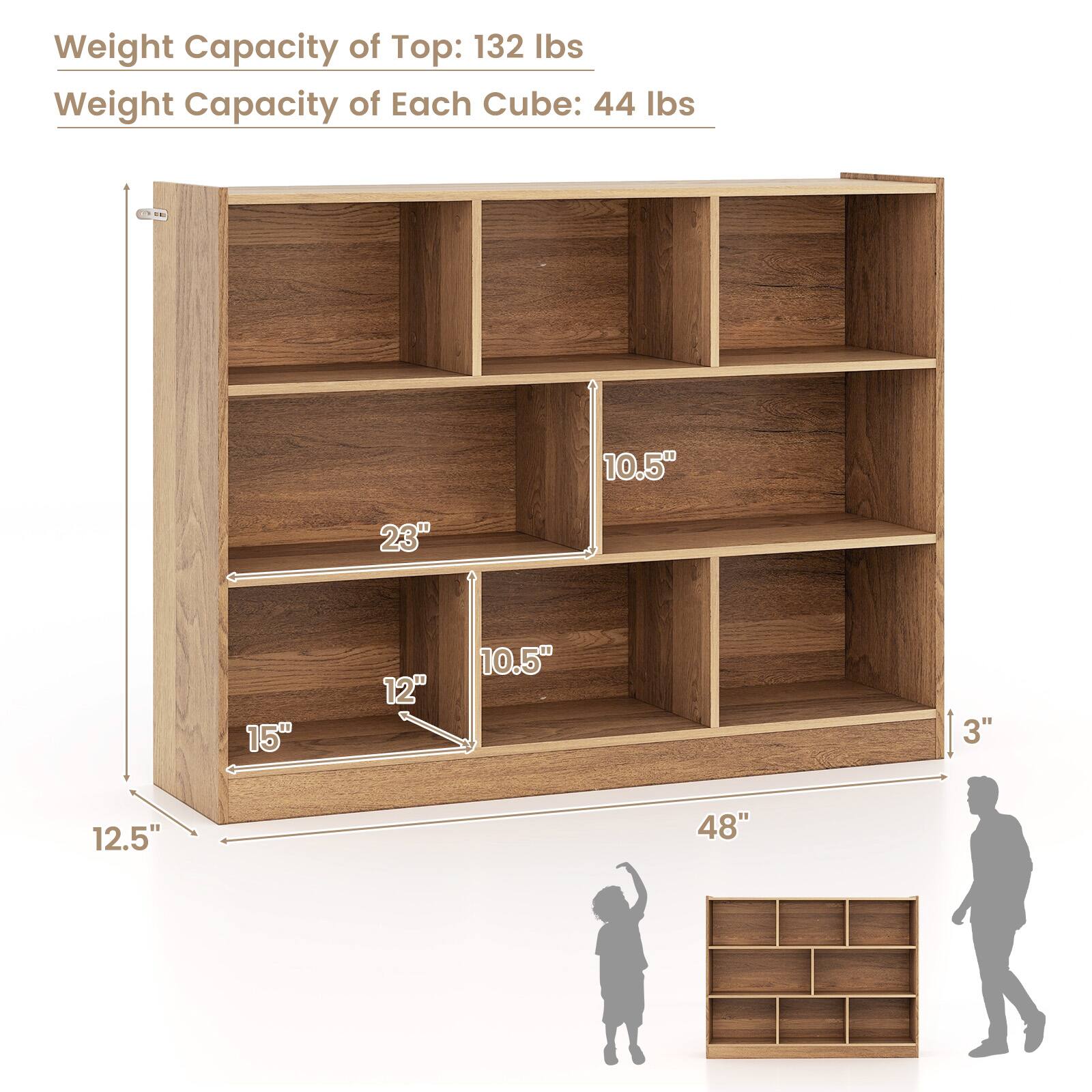 The image shows a wooden bookshelf with a weight capacity of 132 lbs for the top shelf and 44 lbs for each cube. The dimensions of the bookshelf are L - 10.5" 23" 15" 12" 10.5" 3" 12.5" 48". The bookshelf is designed to hold a significant amount of weight, making it suitable for various purposes.
