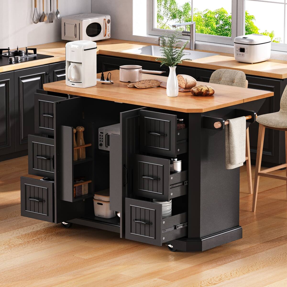 Front. Loheer - Loheer 56 inch kitchen island with Rubber Wood Top, Drop Leaf Kitchen Cart, 6 Drawers & 4 Doors, Black - Black.