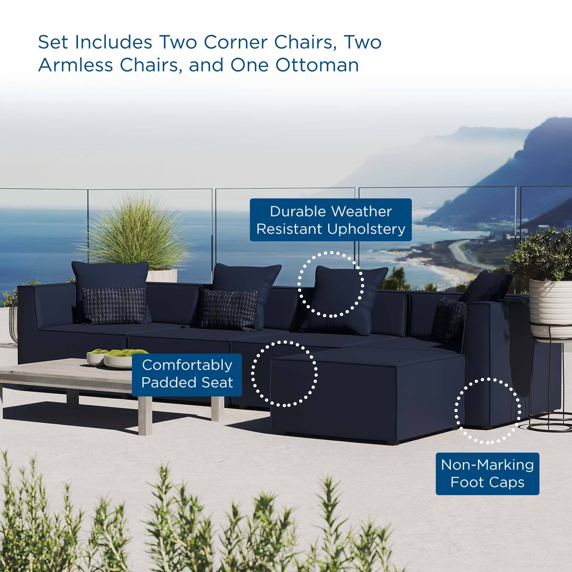 Set Includes Two Corner Chairs, Two Armless Chairs, and One Ottoman

- Durable Weather Resistant Upholstery
- Comfortably Padded Seat
- Non-Marking Foot Caps