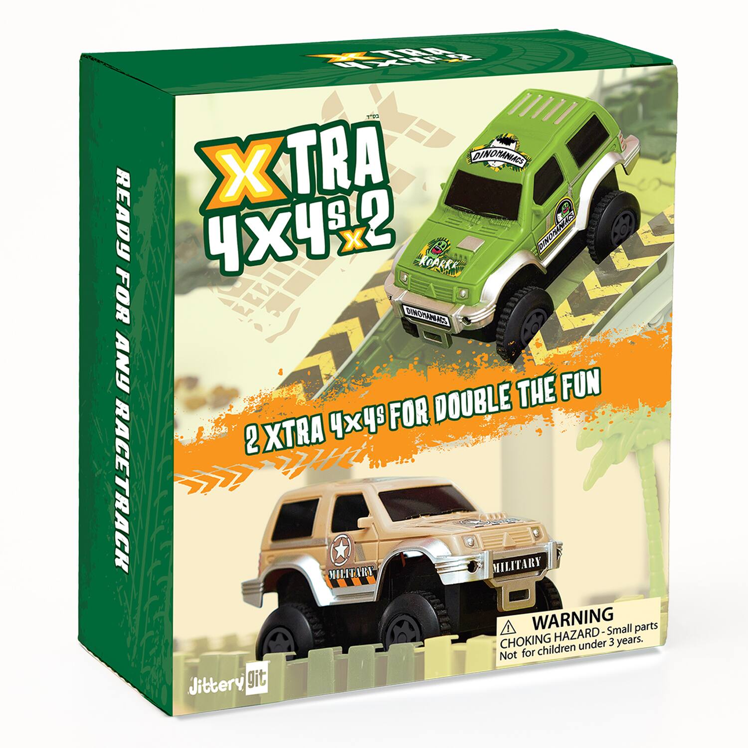 READY FOR ANY RACETRACK  
XTRA 4x4 S12  
2 XTRA 4x4s FOR DOUBLE THE FUN  

WARNING  
CHOKING HAZARD - Small parts  
Not for children under 3 years.  

Jittery git