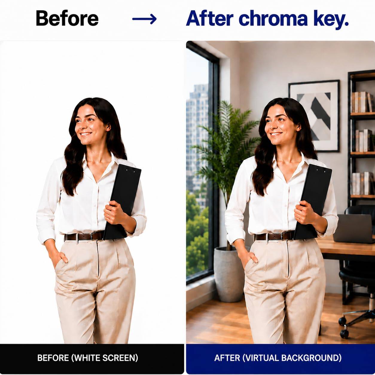 Before  
After chroma key.  

BEFORE (WHITE SCREEN)  
AFTER (VIRTUAL BACKGROUND)