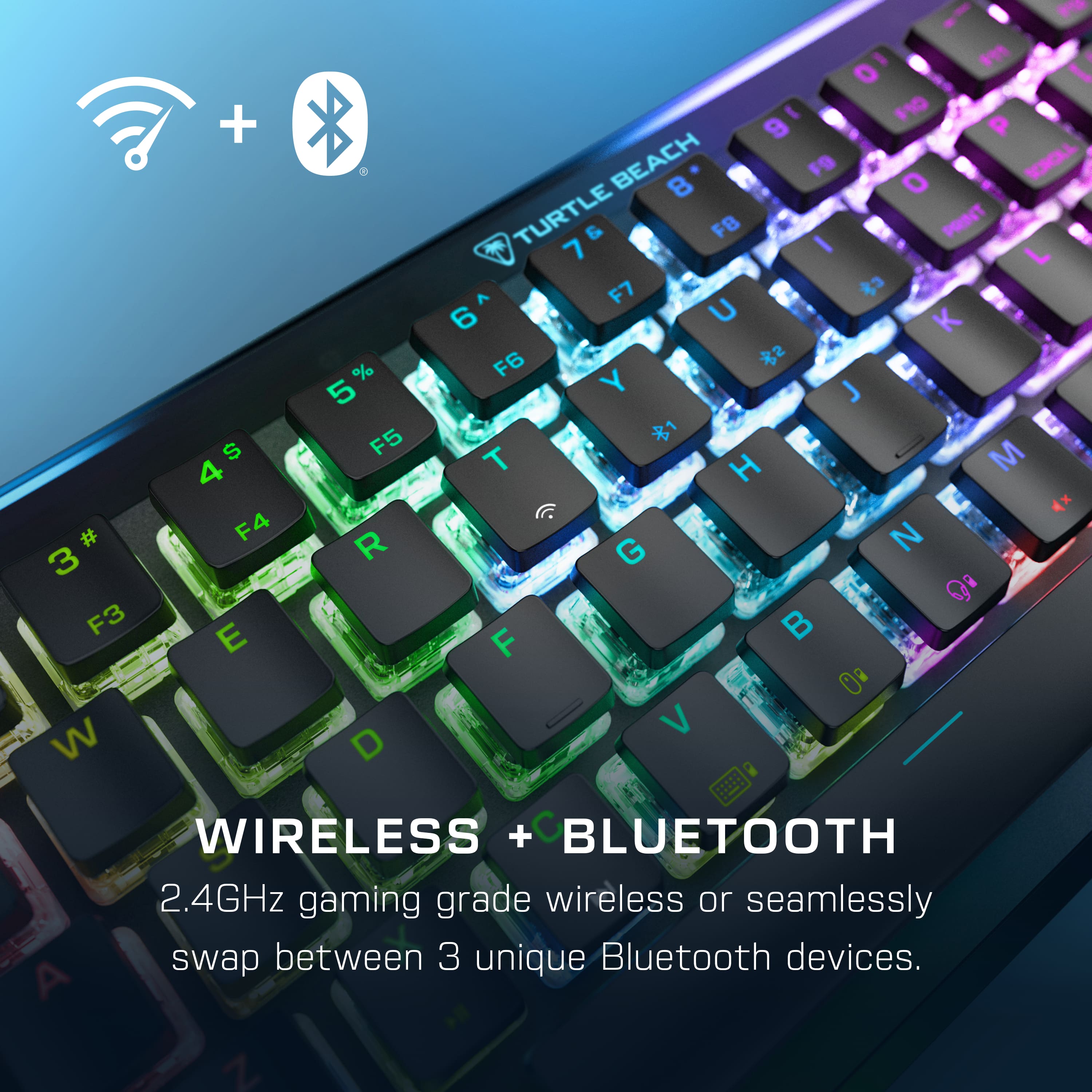 The image features a colorful keyboard with a wireless and Bluetooth logo on it. The keyboard is designed to work with 2.4GHz gaming-grade wireless or seamlessly switch between three unique Bluetooth devices. The keys on the keyboard are labeled with numbers and letters, making it suitable for typing and gaming. The keyboard is advertised as a wireless and Bluetooth keyboard, which offers users the convenience of wireless connectivity and the ability to switch between multiple Bluetooth devices.