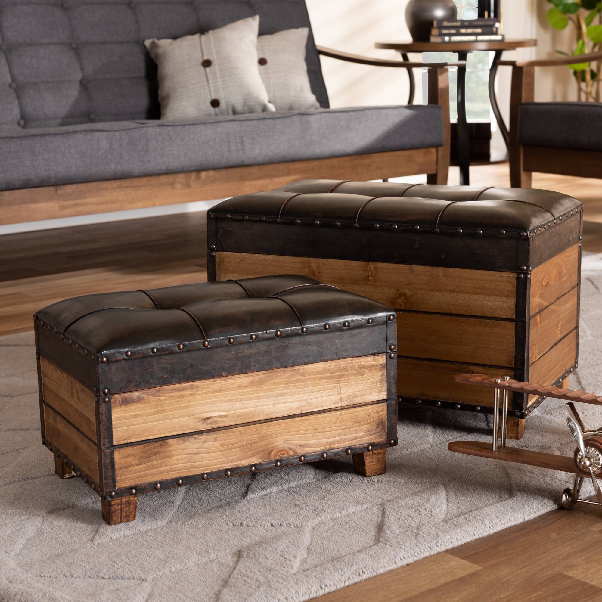 Alt View 5. Baxton Studio - Marelli Rustic Faux Leather Upholstered 2-Piece Wood Storage Trunk Ottoman Set - Dark Brown/Golden Oak.