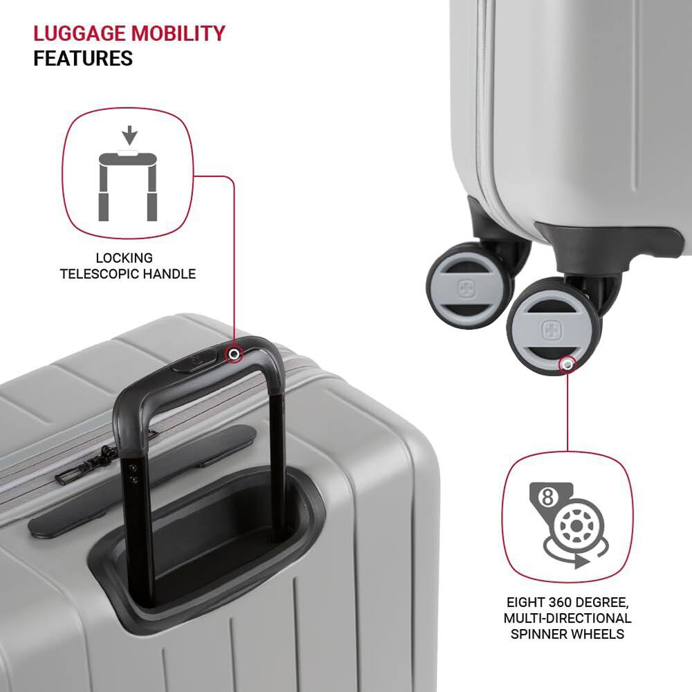LUGGAGE MOBILITY FEATURES

- LOCKING TELESCOPIC HANDLE
- EIGHT 360 DEGREE, MULTI-DIRECTIONAL SPINNER WHEELS