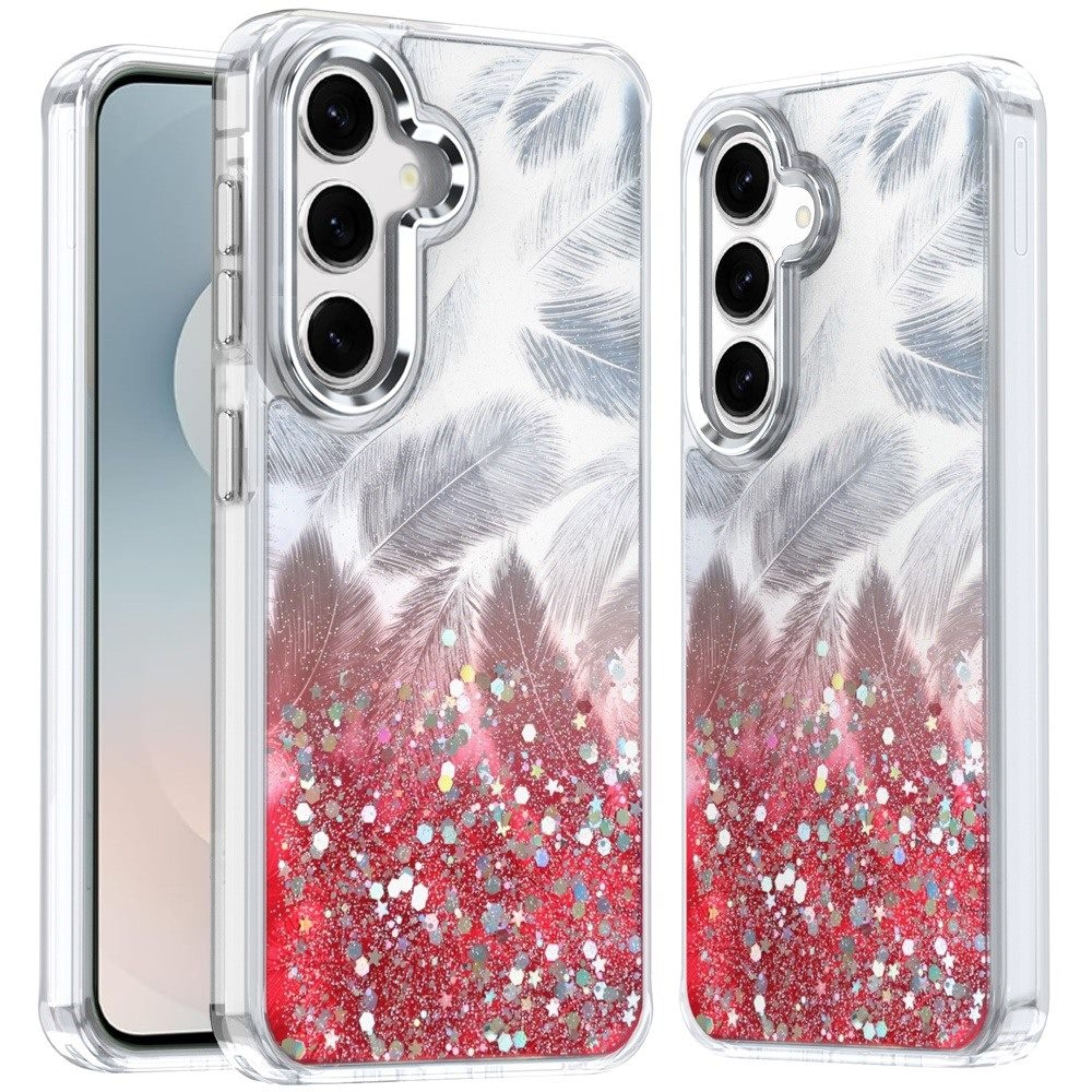 Kitcheniva - Feathers Glitter Epoxy Cute Phone Cover Plus Tempered Glass For Samsung S25 FE - Red price history on PriceWatchPro
