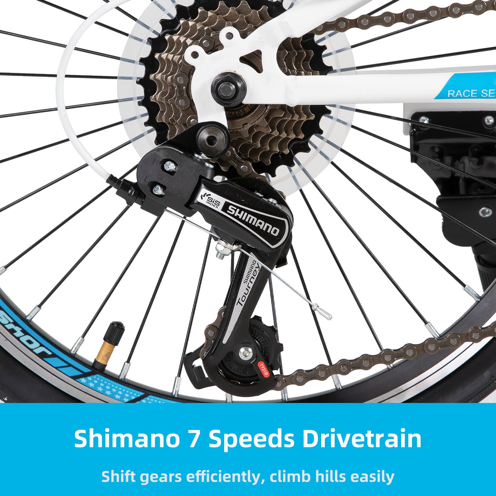 RACE SE MO  
T SHIMANO Tourney outriEs 3 Tou Soor VIAS TrZB Shimano 7 Speeds Drivetrain  
Shift gears efficiently, climb hills easily