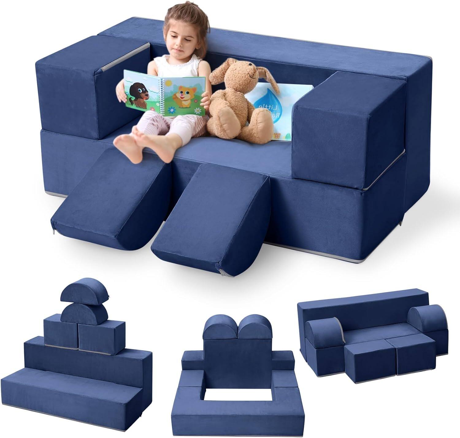 Front. Acekool - 6Pcs Modular Kids Play Couch, Toddler Foam Convertible Sofa with Removable Microvelvet Cover, Blue - Blue.