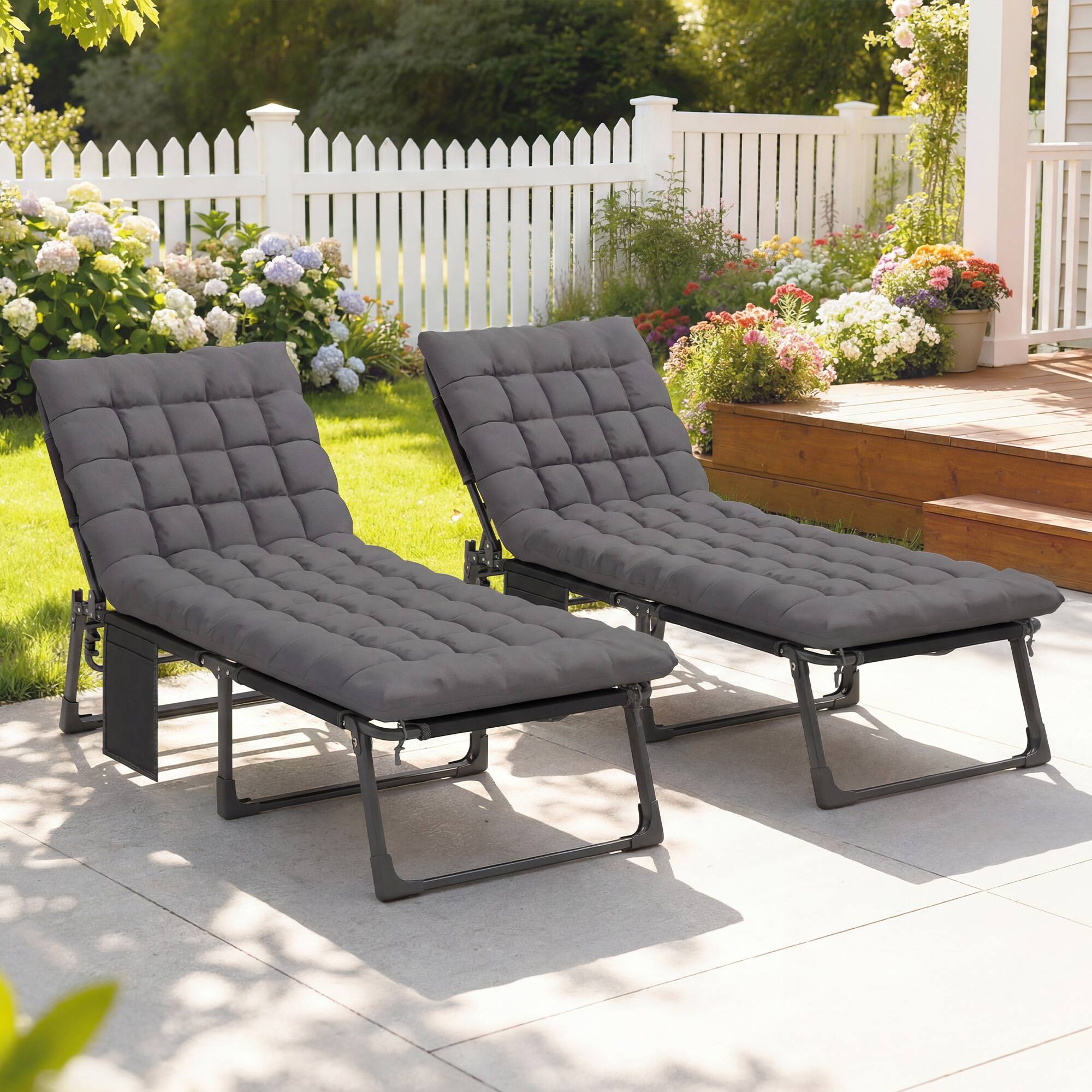 Alt View 8. Outsunny - Chaise Lounge Chair Outdoor Tanning Chair Set of 2 with 5-Position Backrest, Cushions, Side Pocket - Dark Gray.