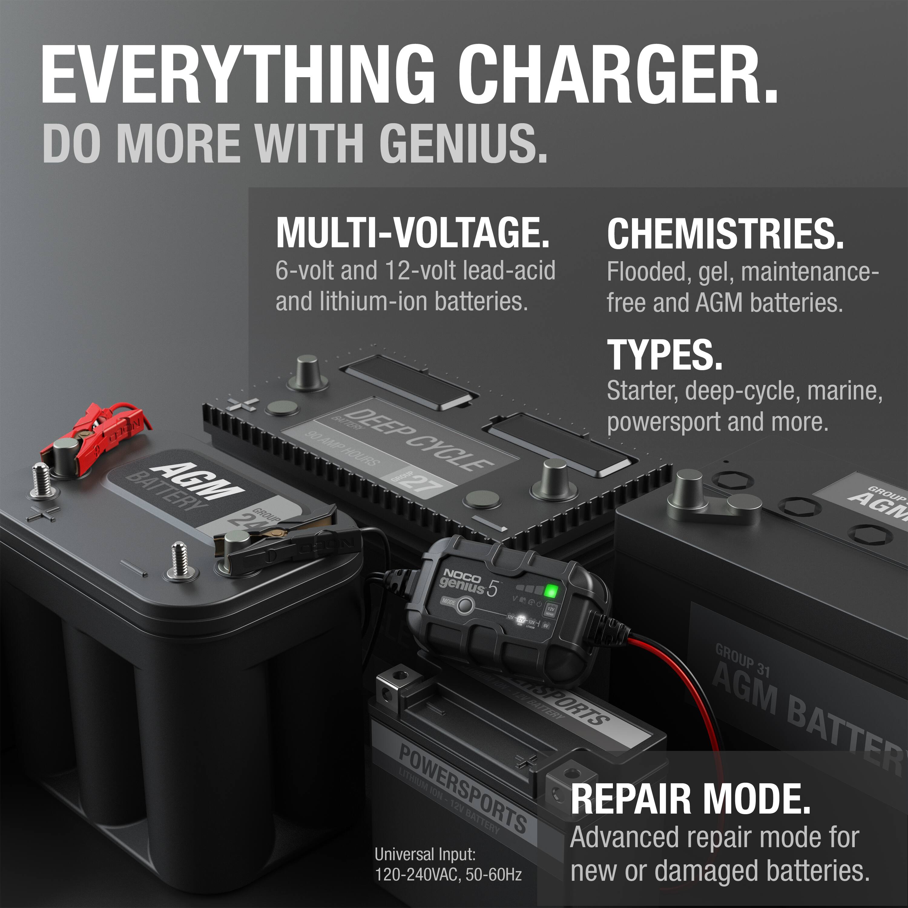**EVERYTHING CHARGER.**  
**DO MORE WITH GENIUS.**

**MULTI-VOLTAGE.**  
6-volt and 12-volt lead-acid and lithium-ion batteries.

**CHEMISTRIES.**  
Flooded, gel, maintenance-free and AGM batteries.

**TYPES.**  
Starter, deep-cycle, marine, powersport and more.

**REPAIR MODE.**  
Advanced repair mode for new or damaged batteries.

**Universal Input:** 120-240VAC, 50-60Hz