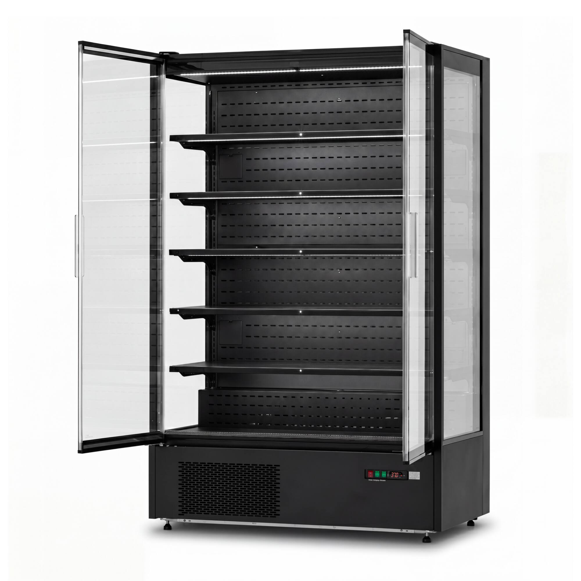 Left. Yeego - Air Curtain Merchandiser 45.6 cu. ft. Commercial Refrigerator – Frameless Glass Door, Adjustable Shelves, Auto Defrost - Black.