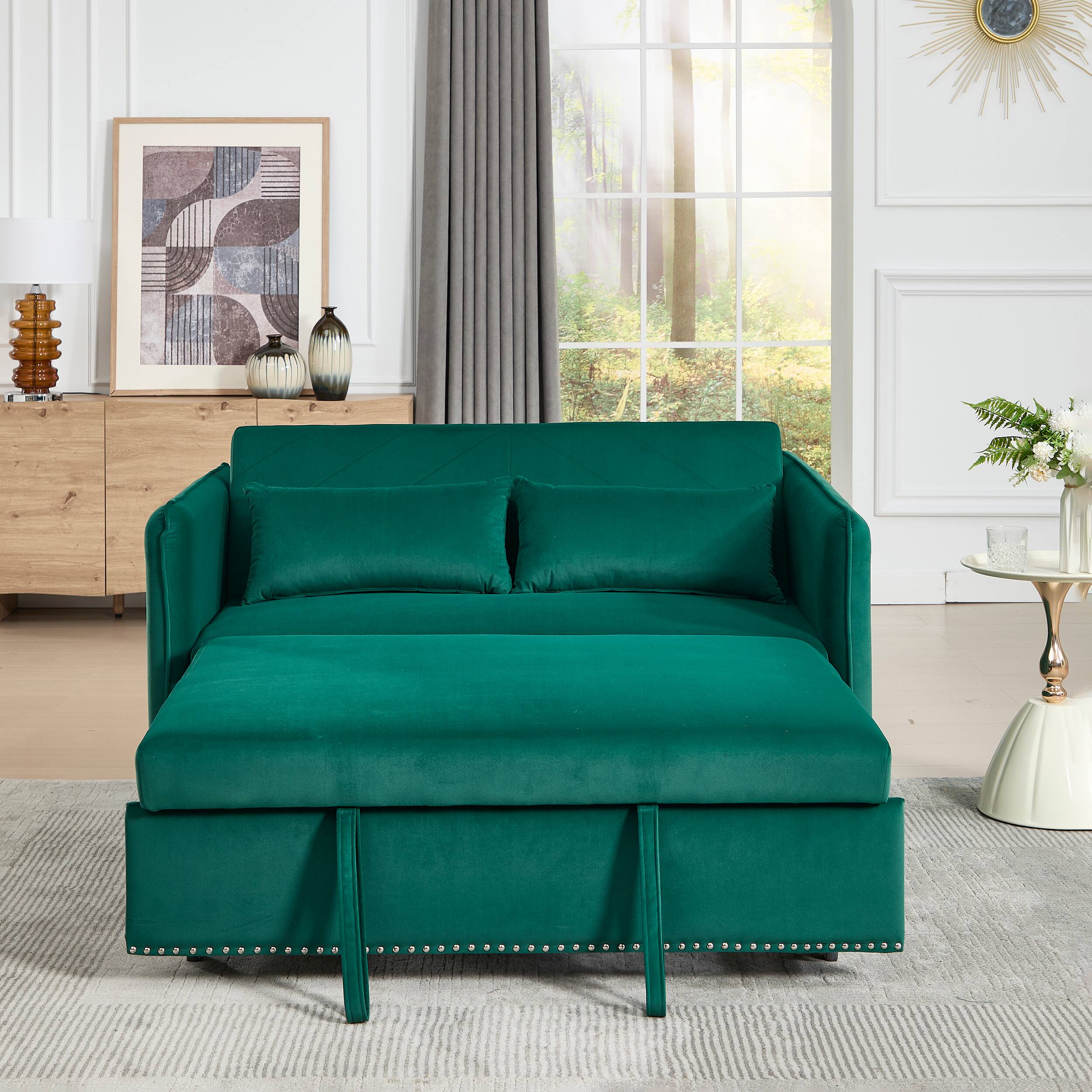 Alt View 6. Tiramisubest - 3 in 1 Convertible Sleeper Futon Sofa Bed,55" Velvet Loveseat with 2 Pillows,Reclining Backrest & Side Pockets,Green - Green.
