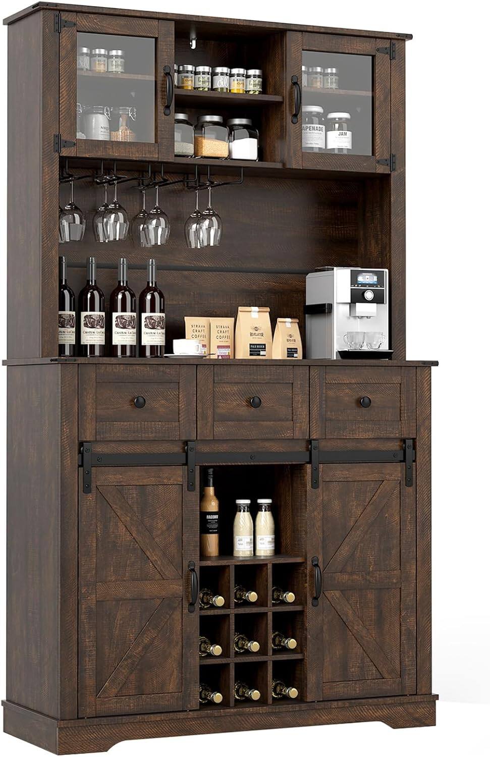 Gymax - 72'' Coffee Bar Cabinet with Wine Bottle Rack Microwave Countertop 3 Drawers - Brown
