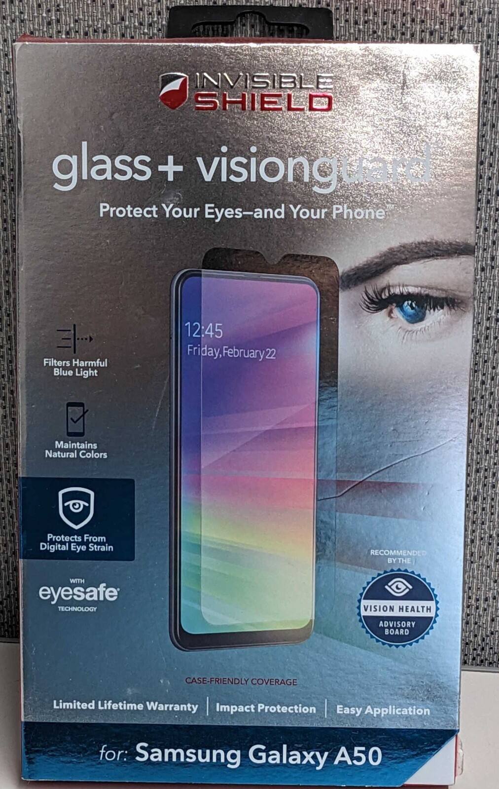 INVISIBLE SHIELD  
glass + visionguard  
Protect Your Eyes—and Your Phone  

- Filters Harmful Blue Light  
- Maintains Natural Colors  
- Protects From Digital Eye Strain  

WITH eyesafe TECHNOLOGY  

RECOMMENDED BY THE  
VISION HEALTH ADVISORY BOARD  

CASE-FRIENDLY COVERAGE  
Limited Lifetime Warranty  
Impact Protection  
Easy Application  

for: Samsung Galaxy A50