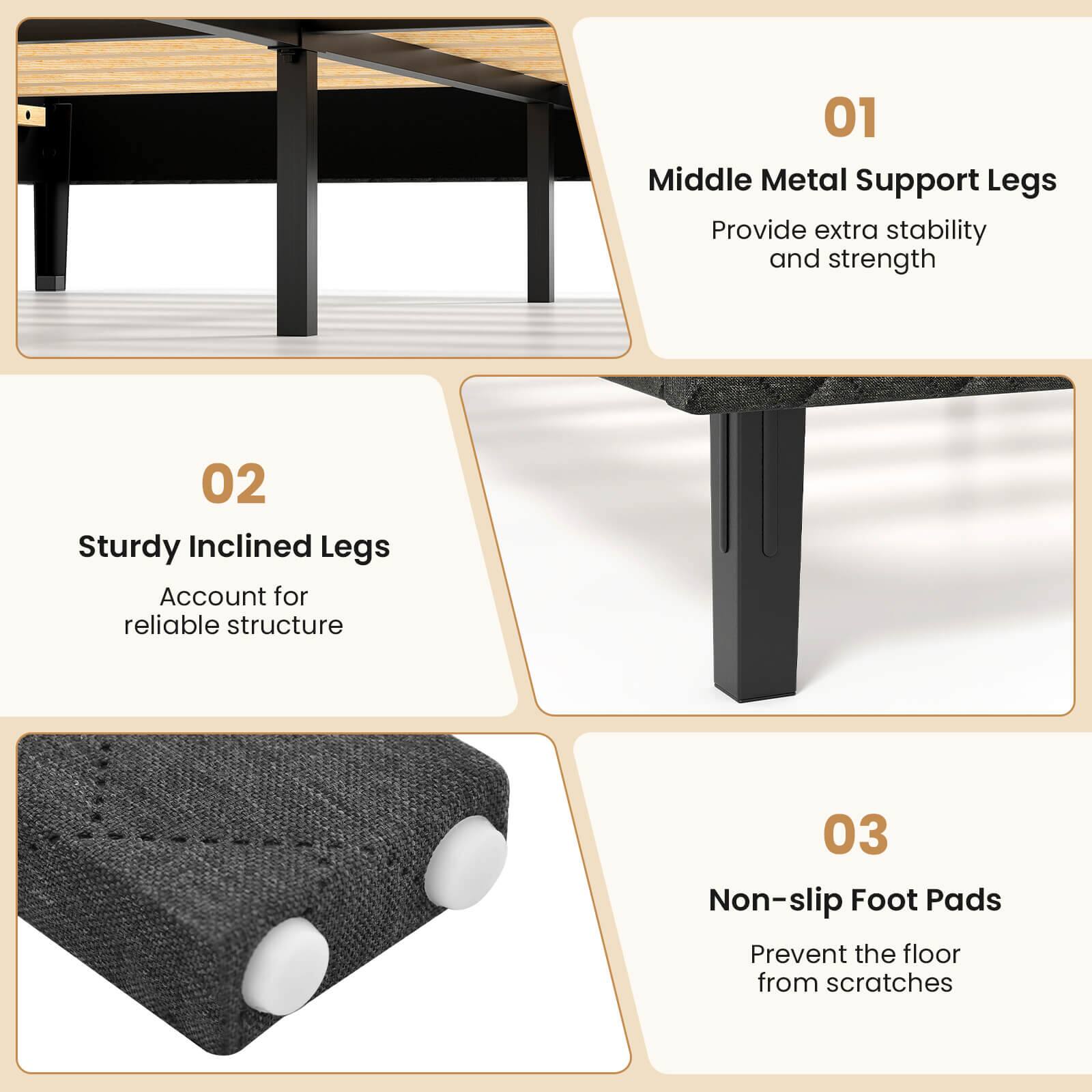 01 Middle Metal Support Legs  
Provide extra stability and strength  

02 Sturdy Inclined Legs  
Account for reliable structure  

03 Non-slip Foot Pads  
Prevent the floor from scratches