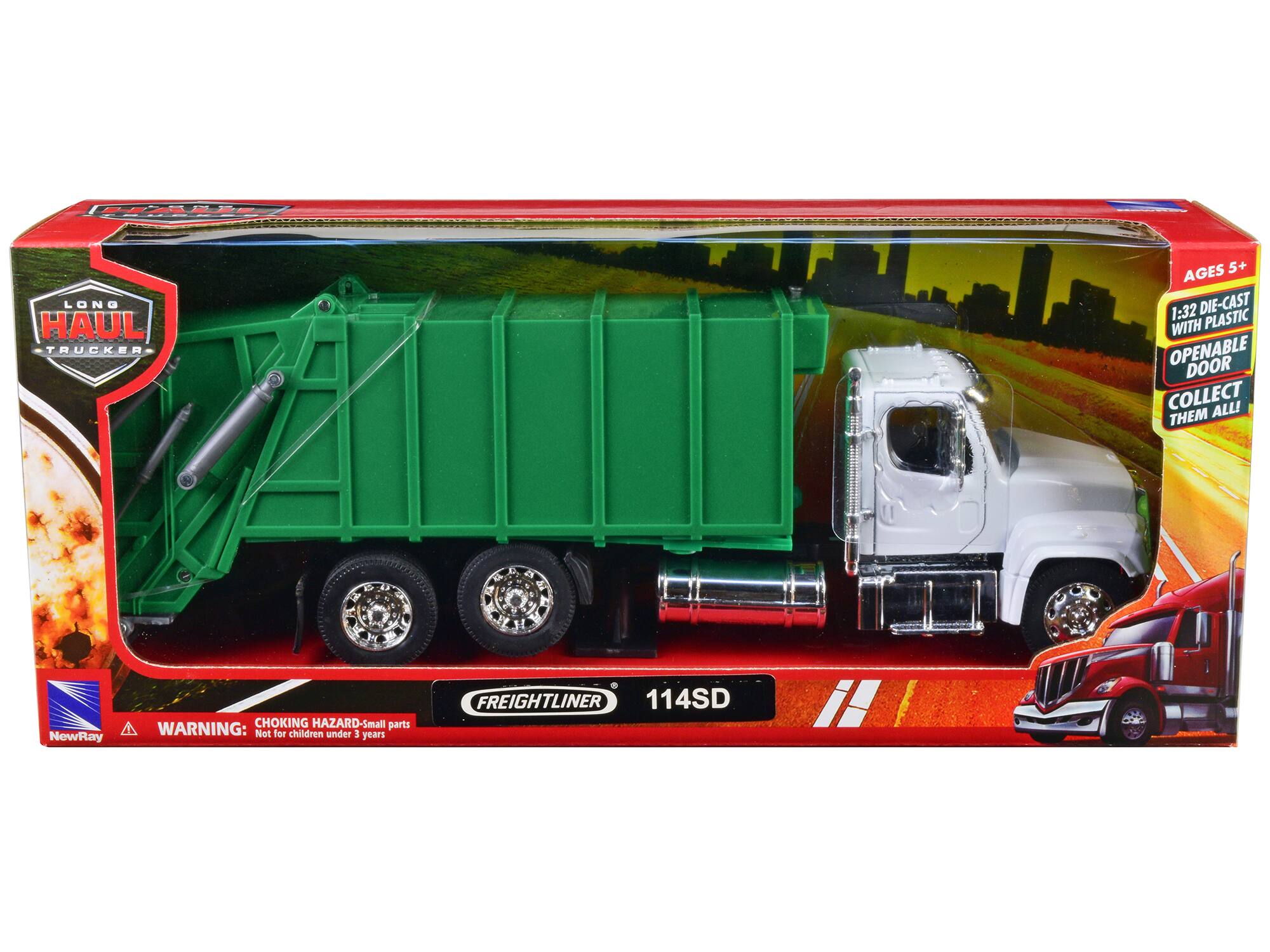 LONG HAUL TRUCKER AGES 5+ 1:32 DIE-CAST WITH PLASTIC OPENABLE DOOR COLLECT ALL! THEM NewRay CHOKING HAZARD-Small parts WARNING: Not for children under 3 years FREIGHTLINER 114SD