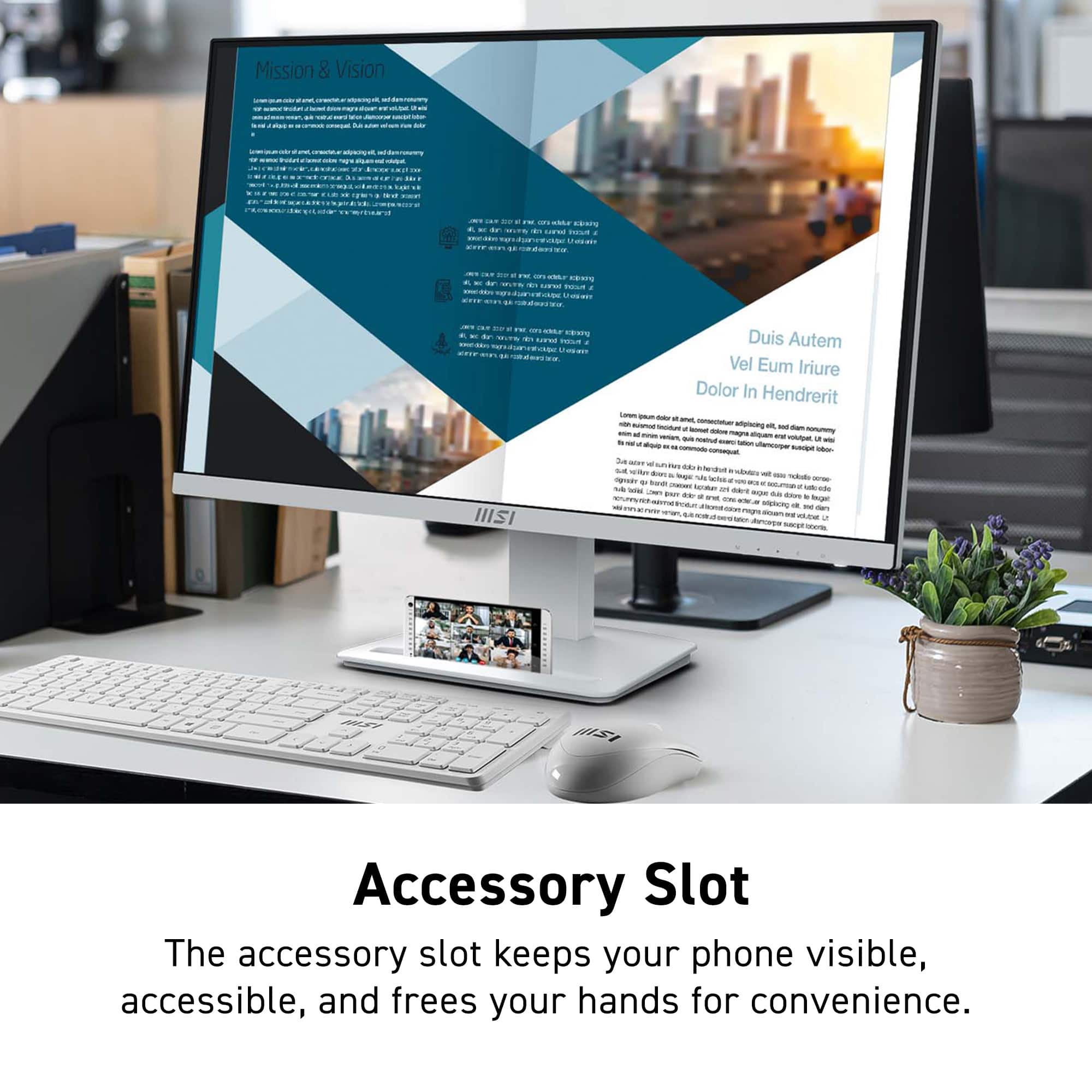 The text on the image reads: "Mission & Vision: Duis Autem Vel Eum Iriure Dolor In Hendrerit. Accessory Slot: The accessory slot keeps your phone visible, accessible, and frees your hands for convenience."