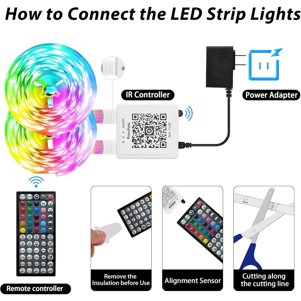 How to Connect the LED Strip Lights

- IR Controller
- Power Adapter
- Remote controller
- Remove the Insulation before Use
- Alignment Sensor
- Cutting along the cutting line