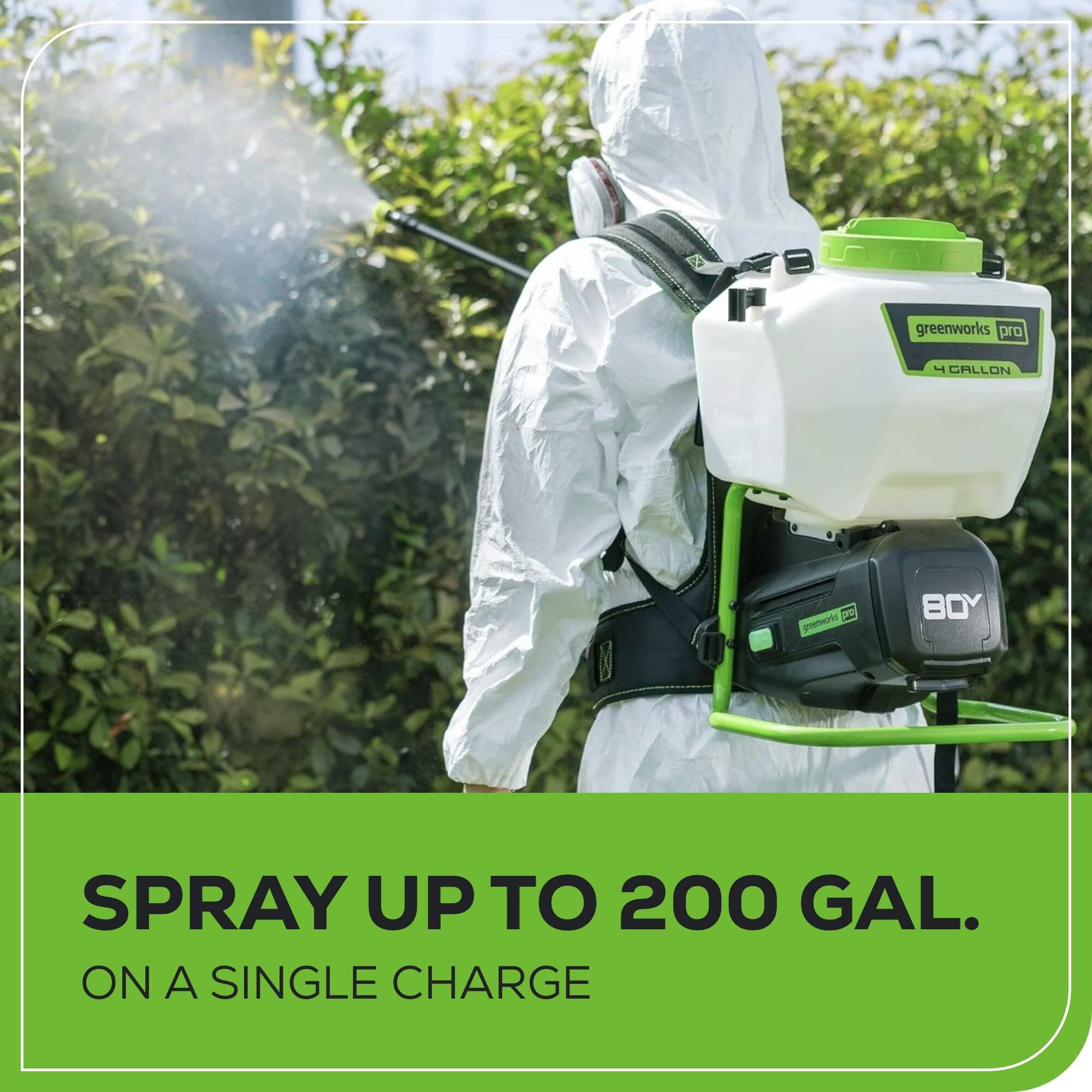 greenworks pro  
4 CALLON  
pro greenworks  
80Y  
SPRAY UP TO 200 GAL. ON A SINGLE CHARGE