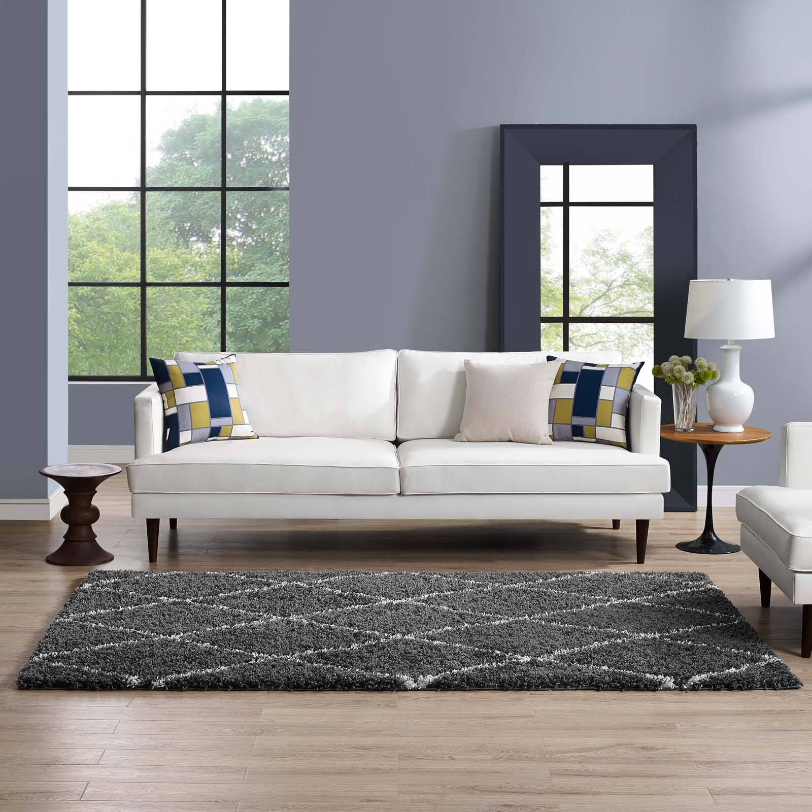 Left. Modway - Toryn Diamond Lattice Shag Area Rug - Dark Gray and Ivory.