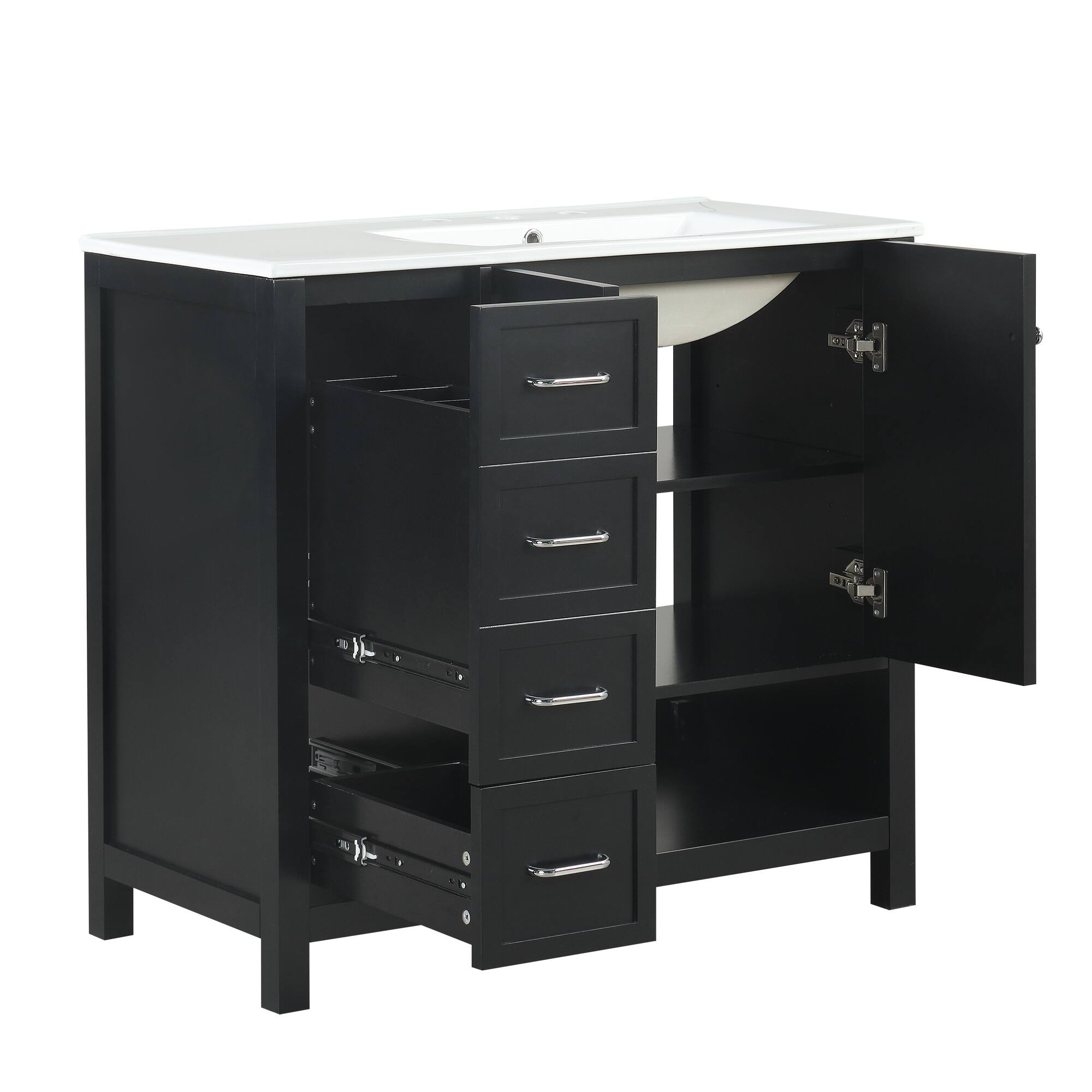 Alt View 1. Whisen - 36 Inch Bathroom Vanity with Right Side Ceramic Sink Combo and Single Open Shelf Storage Cabinet - Black.