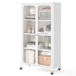 Costway - Storage Cabinet with Wheels & 2 Translucent Doors Adjustable Shelves Sideboard 31.5" x 14.5" x 58" - White