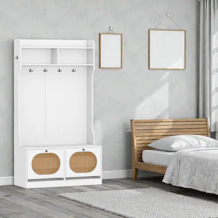 Front. Hivvago - Space-Saving Entryway Organizer with 4-in-1 Coat Rack and Flip Storage - White.