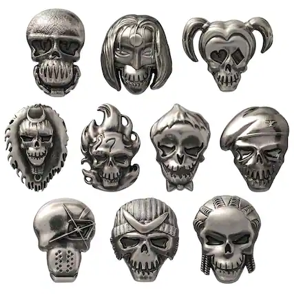 Front. Monogram - DC Comics Suicide Squad Pewter Lapel Pins | Set of 10 - Silver.