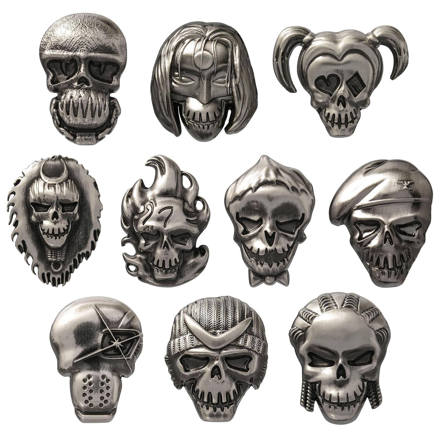 Front. Monogram - DC Comics Suicide Squad Pewter Lapel Pins | Set of 10 - Silver.