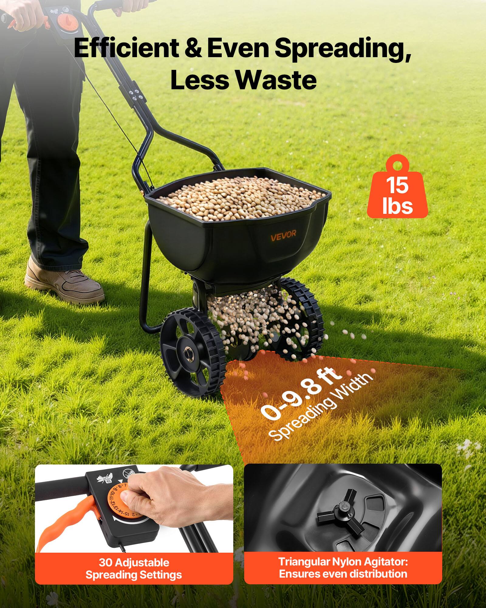 Efficient & Even Spreading, Less Waste

VEVOR 15 lbs

0-9.8ft Spreading Width

30 Adjustable Spreading Settings

Triangular Nylon Agitator: Ensures even distribution
