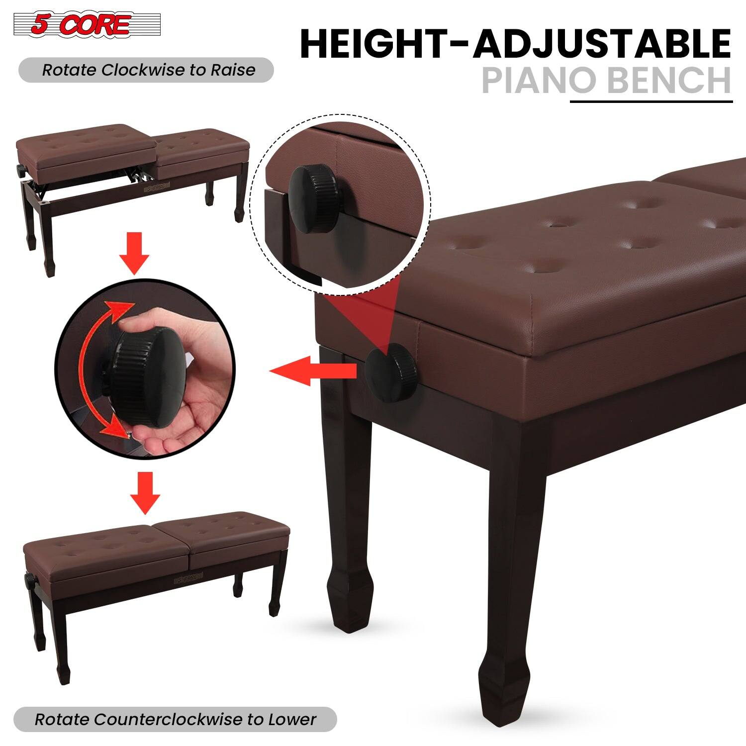 5 CORE, HEIGHT-ADJUSTABLE PIANO BENCH, Rotate Clockwise to Raise, Rotate Counterclockwise to Lower