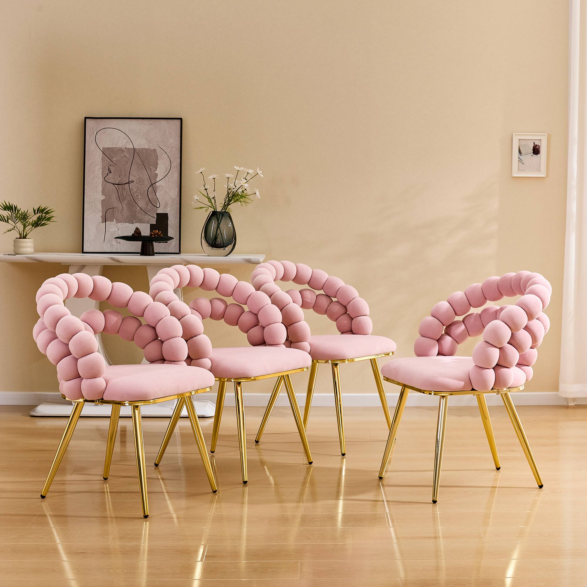 Alt View 2. Loheer - Loheer Velvet Dining Chair Set of 2, Pink Bubble Back Accent Chair with Gold Metal Legs, 1.92 ft Wide Vanity Chair - Gold,Pink.