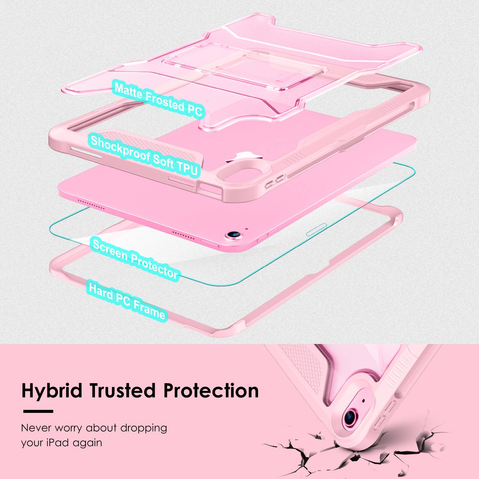 Matte Frosted PC  
Shockproof Soft TPU  
Screen Protector  
Hard PC Frame  

Hybrid Trusted Protection  
Never worry about dropping your iPad again