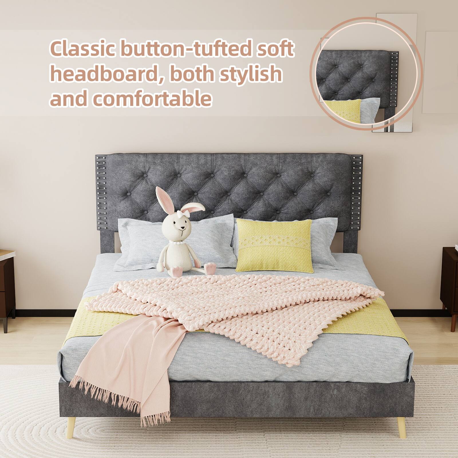 Classic button-tufted soft headboard, both stylish and comfortable.