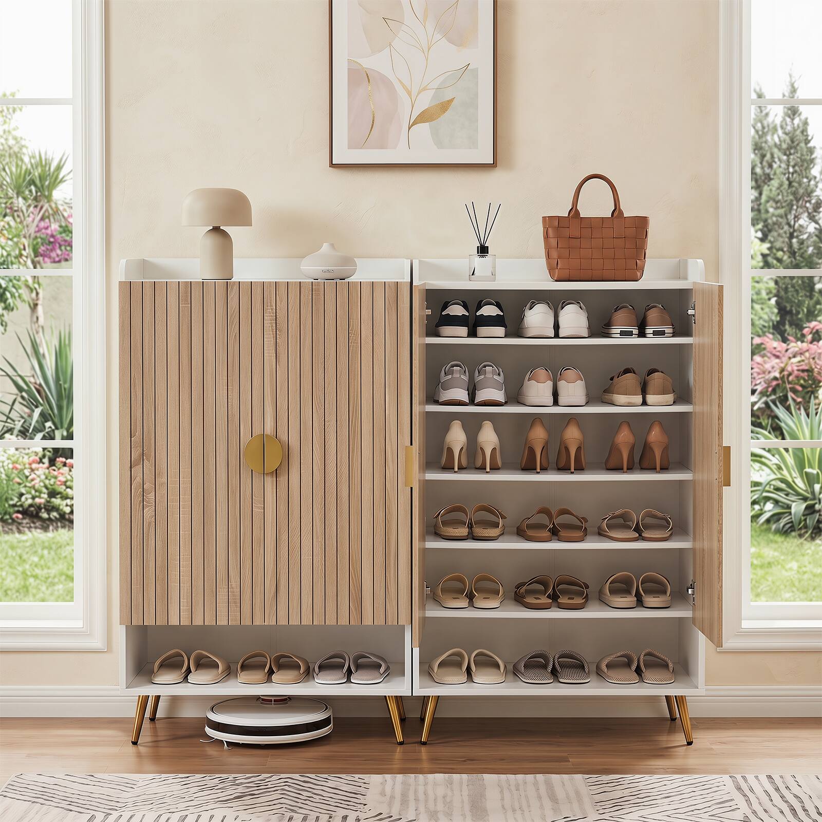 Alt View 4. Costway - Costway 44" 7-Tier Tall Shoe Storage Cabinet with Doors, Adjustable Shelves & Metal Legs - Natural + White.