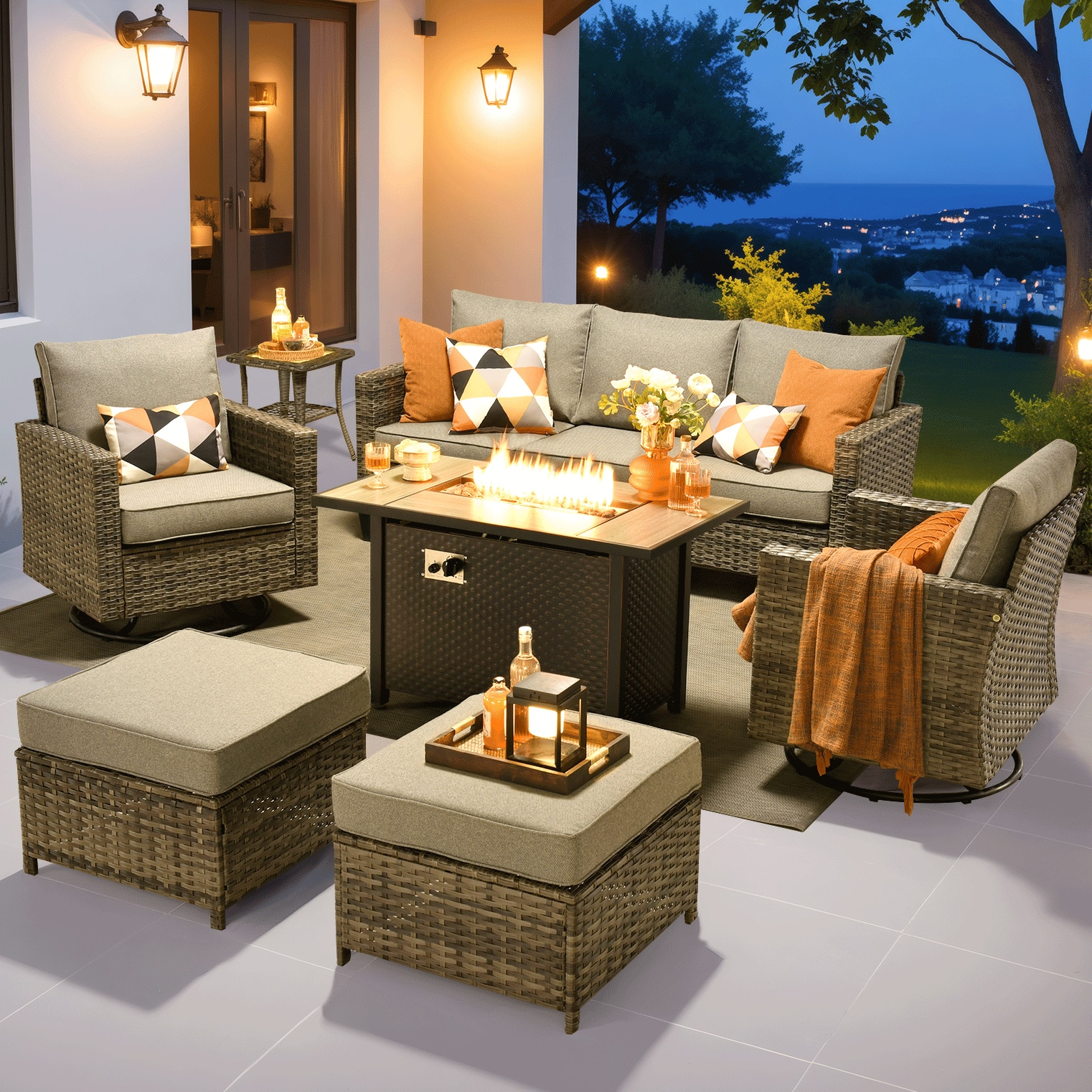 Ovios - 7 PCS Patio Furniture Conversational Sofa with Swivel Chair, Side Table & 42" Fire Pit Table - Dark Gray