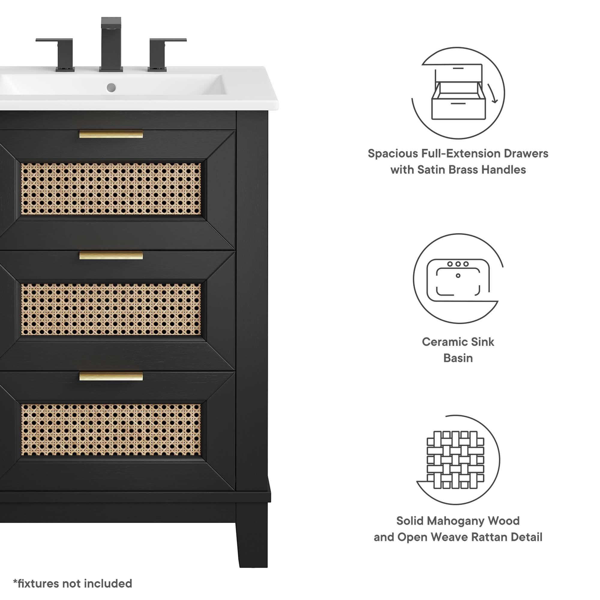 Spacious Full-Extension Drawers with Satin Brass Handles  
Ceramic Sink Basin  
Solid Mahogany Wood and Open Weave Rattan Detail  
*fixtures not included