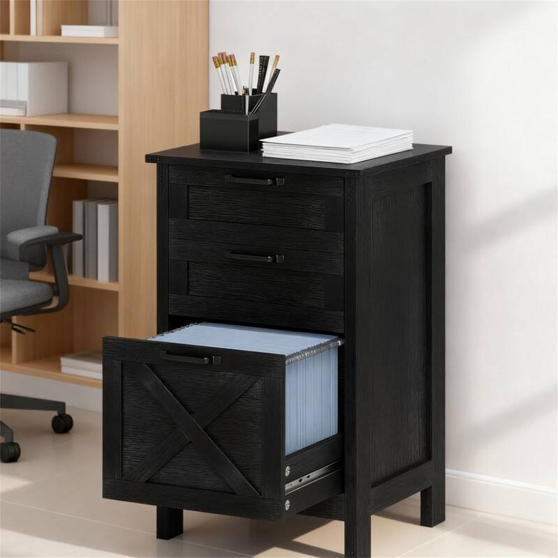 Back. HTUTWOO - File Cabinet with 3 Drawers - Farmhouse Office Storage Cabinet, Vertical Filing Organizer, Metal Frame with Wood Finish - Black.
