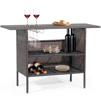 Front. Costway - Costway Patio Garden Rattan Wicker Bar Height Counter Table Storage Shelf Rail - Brown.