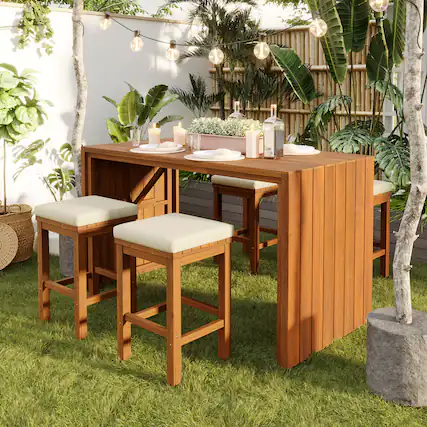 Front. Whisen - 5-Piece Outdoor Bar Height Dining Set, Patio Acacia Wood Bar Table with 4 Chairs and Removable Cushions - Natural|Beige.