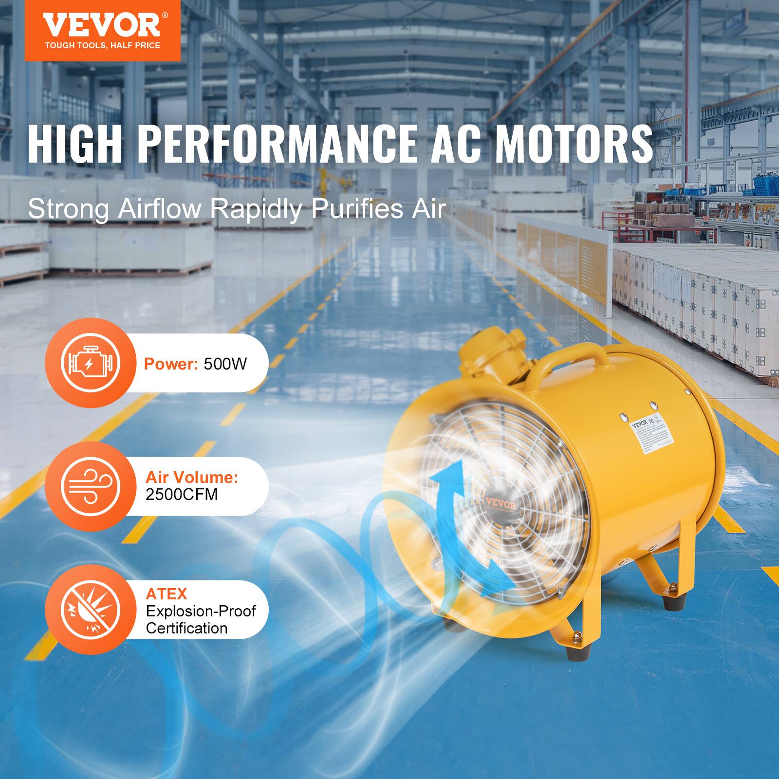 VEVOR TOUGH TOOLS, HALF PRICE

HIGH PERFORMANCE AC MOTORS
Strong Airflow Rapidly Purifies Air

Power: 500W

Air Volume: 2500CFM

ATEX Explosion-Proof Certification
