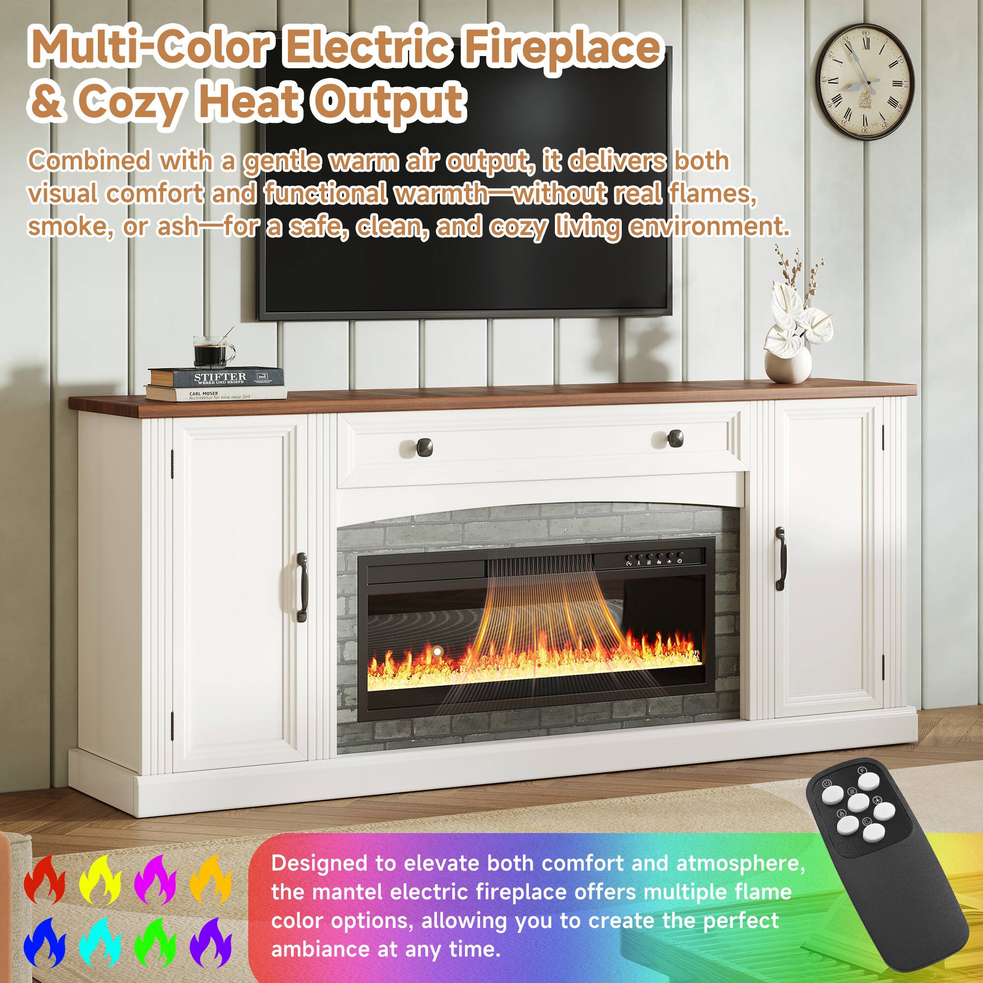 Multi-Color Electric Fireplace & Cozy Heat Output

Combined with a gentle warm air output, it delivers both visual comfort and functional warmth—without real flames, smoke, or ash—for a safe, clean, and cozy living environment.

Designed to elevate both comfort and atmosphere, the mantel electric fireplace offers multiple flame color options, allowing you to create the perfect ambiance at any time.
