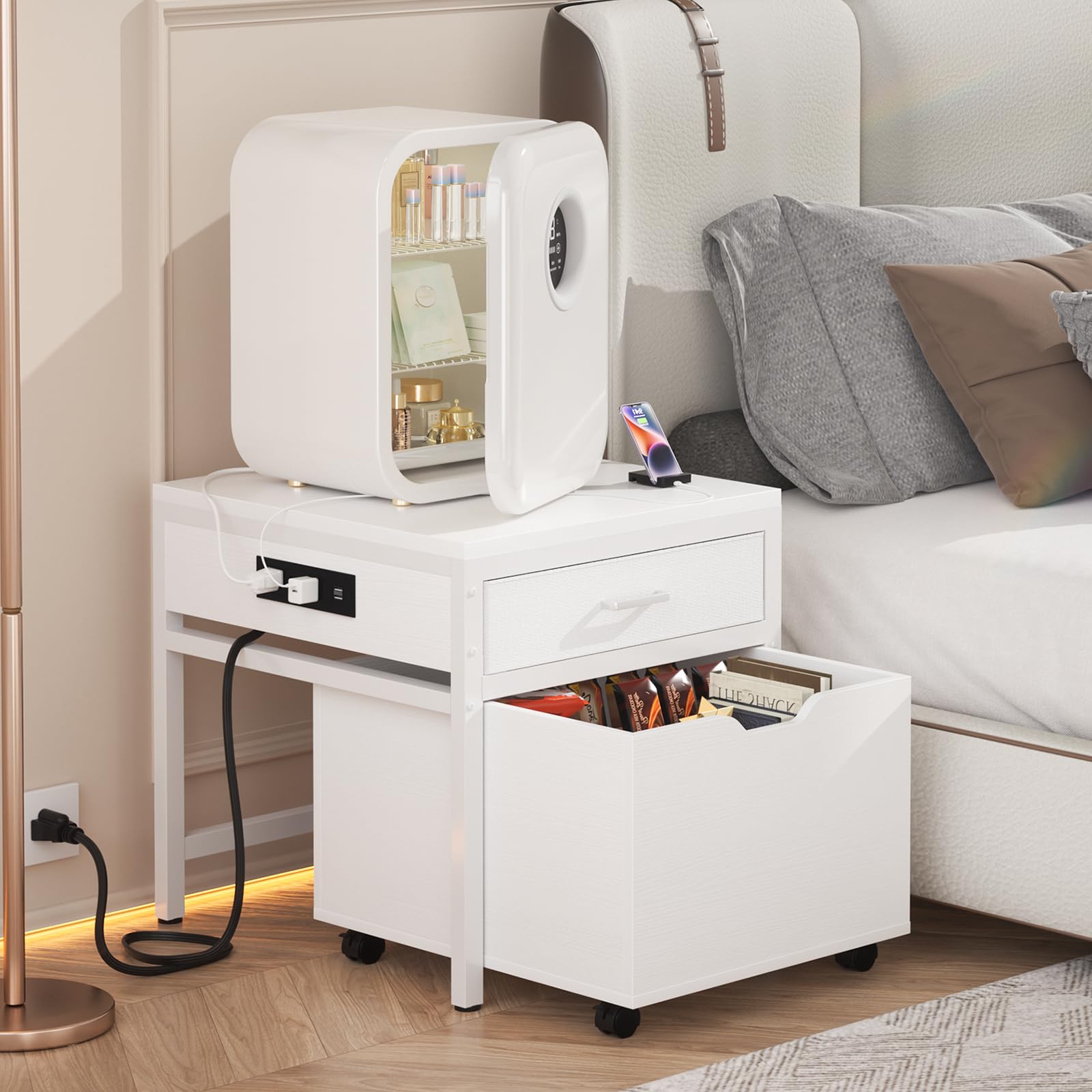 Angle. Aheaplus - Rolling Mini Fridge & Microwave Stand with Drawer, Outlets - Heavy Duty for Dorm, Office & Apartment - White.