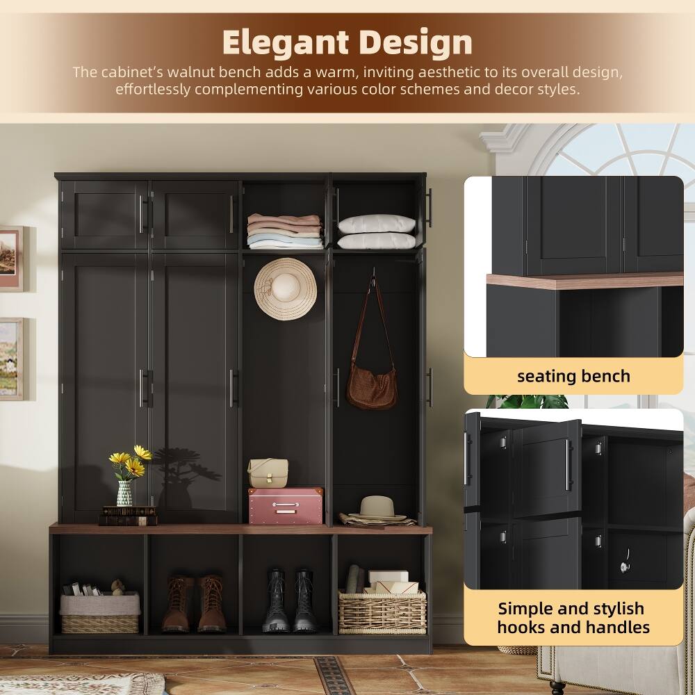 Elegant Design  
The cabinet's walnut bench adds a warm, inviting aesthetic to its overall design, effortlessly complementing various color schemes and decor styles.  

seating bench  

Simple and stylish hooks and handles