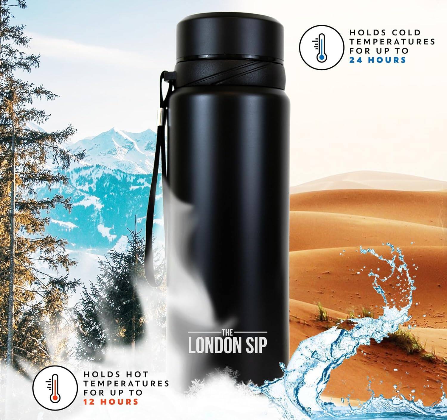 Holds cold temperatures for up to 24 hours.  
Holds hot temperatures for up to 12 hours.  
The London Sip